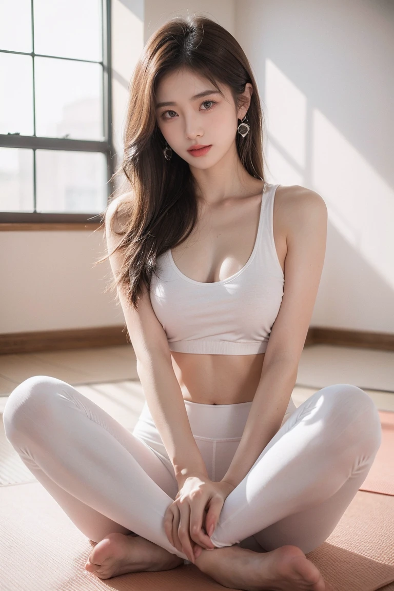 1 girl, national foundation, (White background), ((8k, raw, masterpiece: 1.4)), (Professional photography, sharp:1.2), Perfect dynamic composition, (natural sunlight), (soft shadow), (Perfect body:1.4, Slim abs:1.2), ((Japanese hairstyle:1.4,)), medium long hair, Ultra-detailed faces and skin, perfect asian, White skin, (delicate skin:1.3),(latex leather:0.4), (Perfectly radiant skin:0.6), Shiraki Yuki, blonde hair, light brown eyes, beautiful eyes, The skin is really hydrated, exquisite expression, Smile gently at the camera, elegant earrings, wear(yoga pants),((whole body)),((long legs)),in the gym,((Real person practicing yoga))