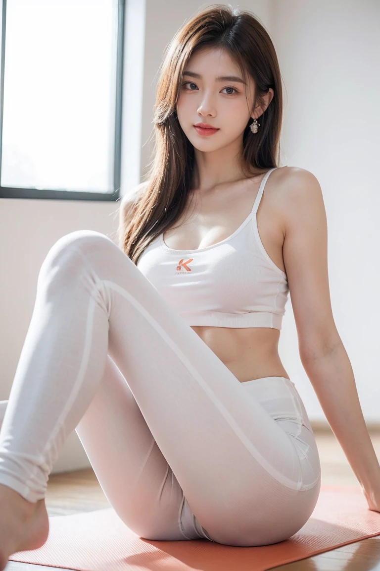 1 girl, national foundation, (White background), ((8k, raw, masterpiece: 1.4)), (Professional photography, sharp:1.2), Perfect dynamic composition, (natural sunlight), (soft shadow), (Perfect body:1.4, Slim abs:1.2), ((Japanese hairstyle:1.4,)), medium long hair, Ultra-detailed faces and skin, perfect asian, White skin, (delicate skin:1.3),(latex leather:0.4), (Perfectly radiant skin:0.6), Shiraki Yuki, blonde hair, light brown eyes, beautiful eyes, The skin is really hydrated, exquisite expression, Smile gently at the camera, elegant earrings, wear(yoga pants)，((whole body))，((long legs)),in the gym，((Real person practicing yoga)) 