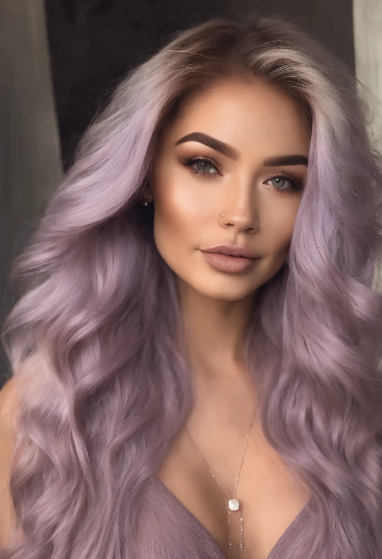 Realistic photo of a beautiful sultry woman with light purple long hair, hair roots slightly faded, half Asian, influencer, light freckles, light brown eyes, light makeup, dark lips, smiling, Instagram, hyperdetailed photography, soft light, head and shoulders portrait, slight cleavage, cover