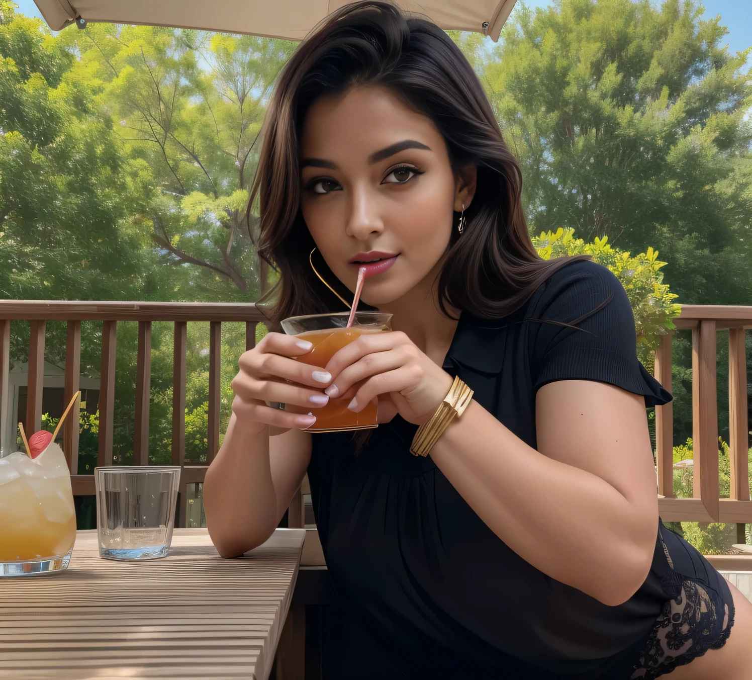 woman on the patio with a drink, having a cocktail, outside, with a drink, having a martini, drinking syrup, delicious, outdoors, drinking, drinking, A woman with white skin and dark hair. She is about 35 years old. Her slightly plump, pink lips are like a delicate flower, her dark brown eyes. Slim body, slim waist. Her body exudes glamor and her face is the definition of beauty. Test, highly realistic, reddish skin, beautiful, slightly plump lips, pink lipstick, smiling, feeling of lightness and joy, hyper-realism, very elaborate skin, direct look. Full body photo, clear photo, high quality, high resolution, masterpiece, 8K.((masterpiece)), (((best quality))), ((ultra detail)), UHD, 8K, (( (high definition)) ), ((illustration)), ((extremely realistic)), sharp focus, ((beautiful and extremely detailed eyes)), (extremely delicate and beautiful woman), ((dark brown eyes)), chest medium, ((macro, photography, detail, face, eyes, nose, lips, eyebrows)), ((extremely detailed and real)).