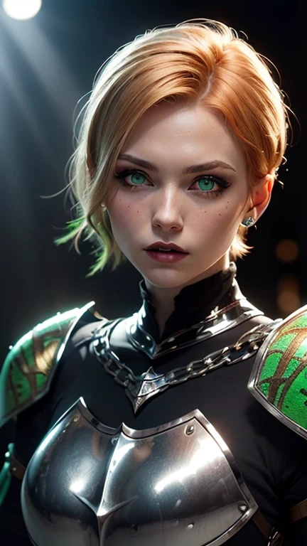 ((best quality: 1.5)) ((masterpiece: 0.8)), intricate details, sharp focus, professional, photorealistic, real life, realistic representation of the face, ((((solo, 1girl) muscular assassin, golden hour, (albino skin, intense expression, god rays, [flat chest:medium breasts:0.8])))) dynamic action pose, homely face, in the style of realistic and hyper detailed renderings, medieval church, stained glass, solo, BREAK; BREAK (((short ginger bob hair, (blackout gothic eyeshadow, clear green eyes, makeup)))), (blemish: 0.7), ((fujicolor)), BREAK; BREAK ((((medieval paladin, (lacquered black gold chrome armor:1.9 (weapon, modest, knight, iron circlet, silver etching)))), photorealistic, hyper-realistic))