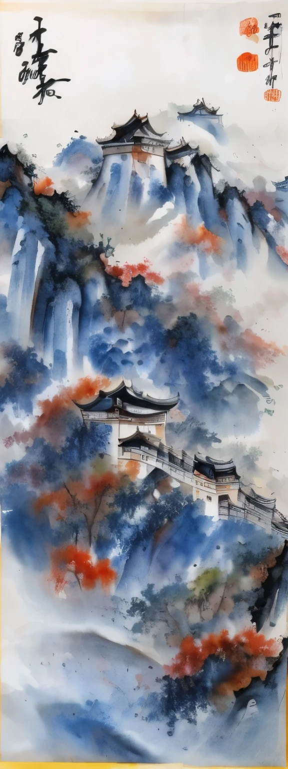 blurred picture style, wet-in-wet, watercolor painting, ink painting, best quality, landscape painting of the Great Wall of China, with light and light shading in the Wu Guanzhong style ink painting, where primary colors are dropped and blurred