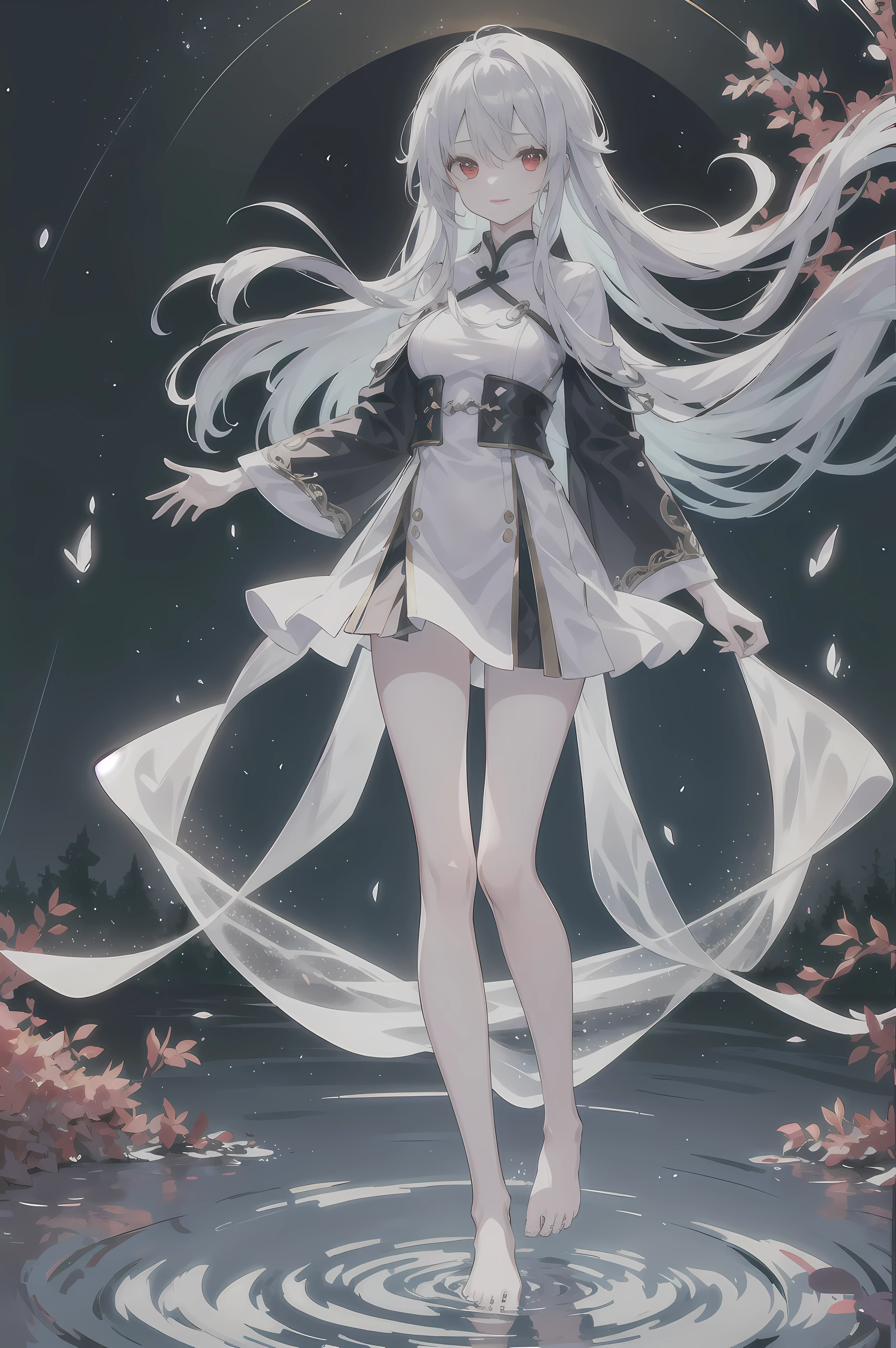 Dreamy beautiful moonlight in dark forest。View of a -yeld gifrom above。(wet silver hair and red eyes)。smile slightly。She only wore a long transparent white cloth,It has beautiful lace trim on it。Soak the cloth in water。(splashing in the dark forest lake at night)。(Hair or clothes are wet)。splash。Wet hair。Dripping water droplets。梦幻般的萤火虫在空中float、Light also reflects from water。near method and far method。Glitter effect。Dynamic composition with depth。extremely high quality、high level of image quality、extremely refined。Rare workmanship,round,Room, firm breasts),barefoot,float,water surface,(long legs,long legs,long legs,Gestalt),full-body shot。standing posture