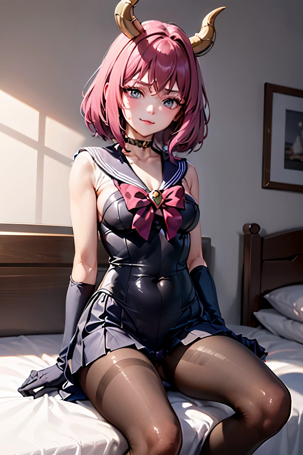 very delicate and beautiful girl,8k wallpaper,masterpiece,danntoudainoaura,Bedroom,1 girl,alone,devil&#39;s horns,devil girl,long hair,medium breasts,(long gloves),((pantyhose)),boots,choker,((Sailor Senshi Clothing)),(sit on bed),looking at the viewer、Photo from below、((sit cross-legged))、((leotard))、((mini skirt))