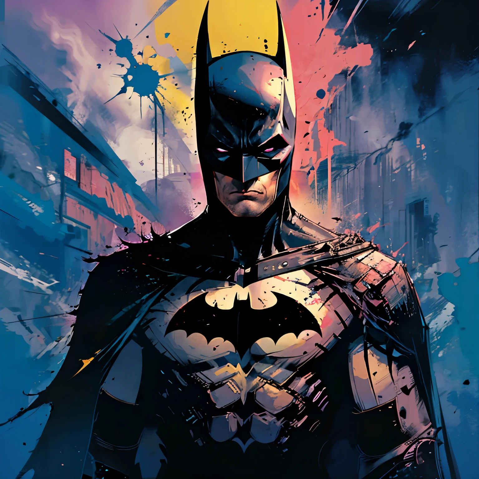 Make a Batman design with various colored paints thrown around 