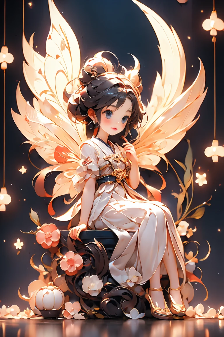 A fairy girl with small wings on her back、Sculpture praying for candy at a Japanese candy shop after closing。complex and dynamic、Cinematic --chaos 20 --style raw --stylize 350 --v 6.0 --ar 1:1