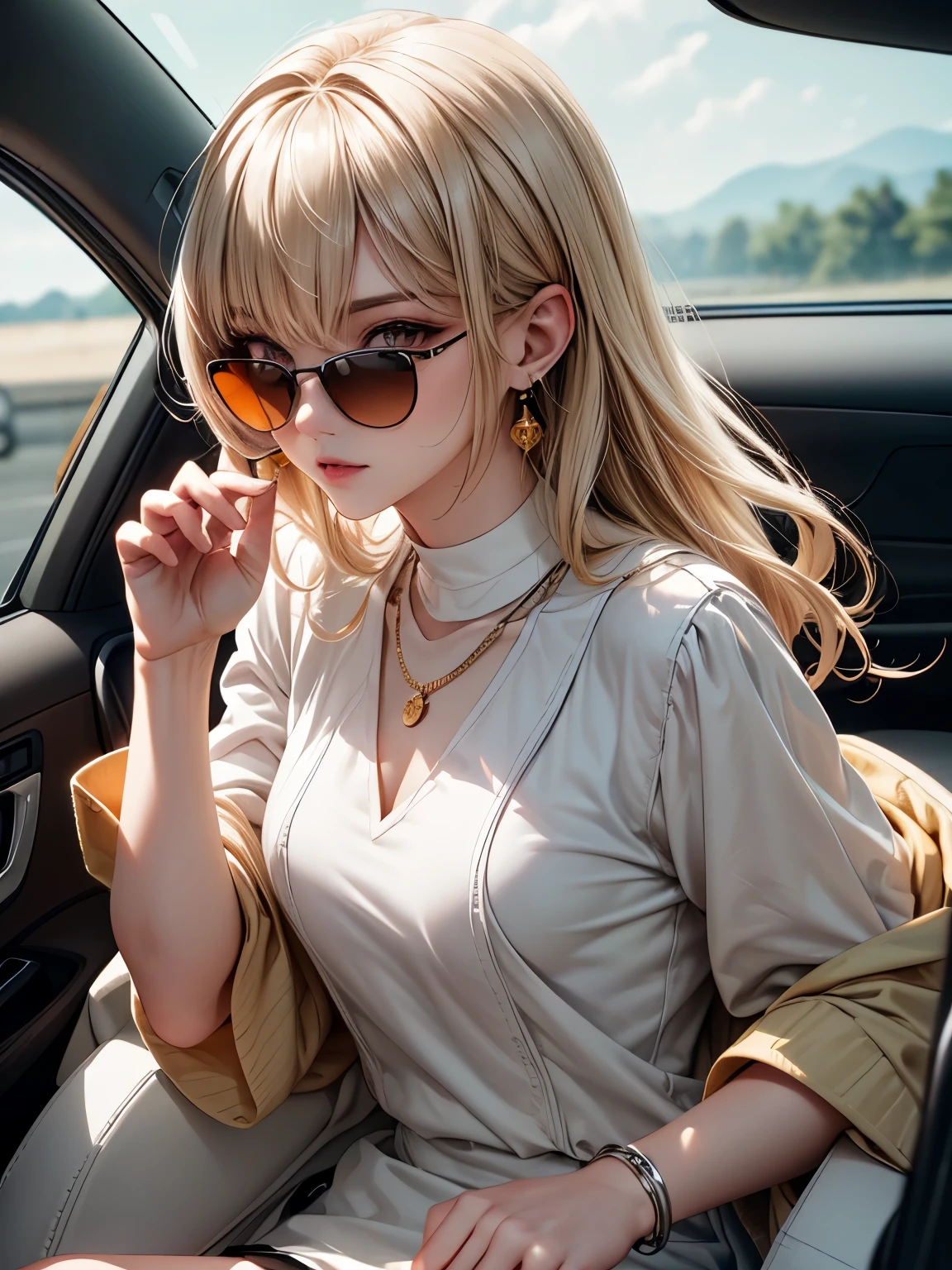 ((Biologically correct number of limbs))、((natural finger shape))、(( Photo including face))、4K、masterpiece、((focus on the face))、((Symmetrical facial features))、Eyes of minute description、Beautiful woman、outstanding style、beautiful clavicle、beautiful legs、slender body、(small ass、thin thighs）、(stockings、high heels）、Detailed depiction of faces、small earrings、necklace、Low - Angle、(Upper body shirt、Lower body pattern skirt）、wearing light-colored sunglasses、I am driving a car、close up of face、