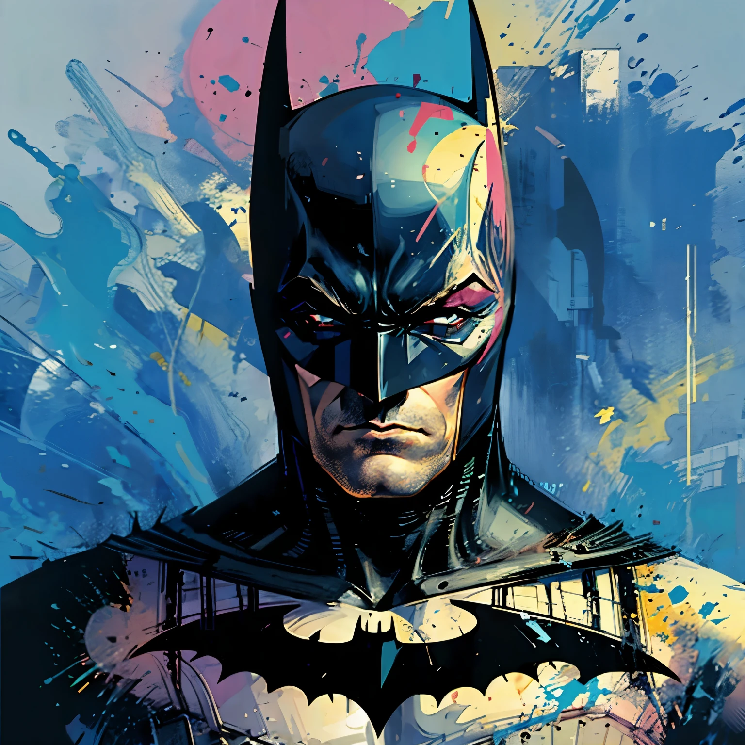 Make a Batman design with various colored paints thrown around 