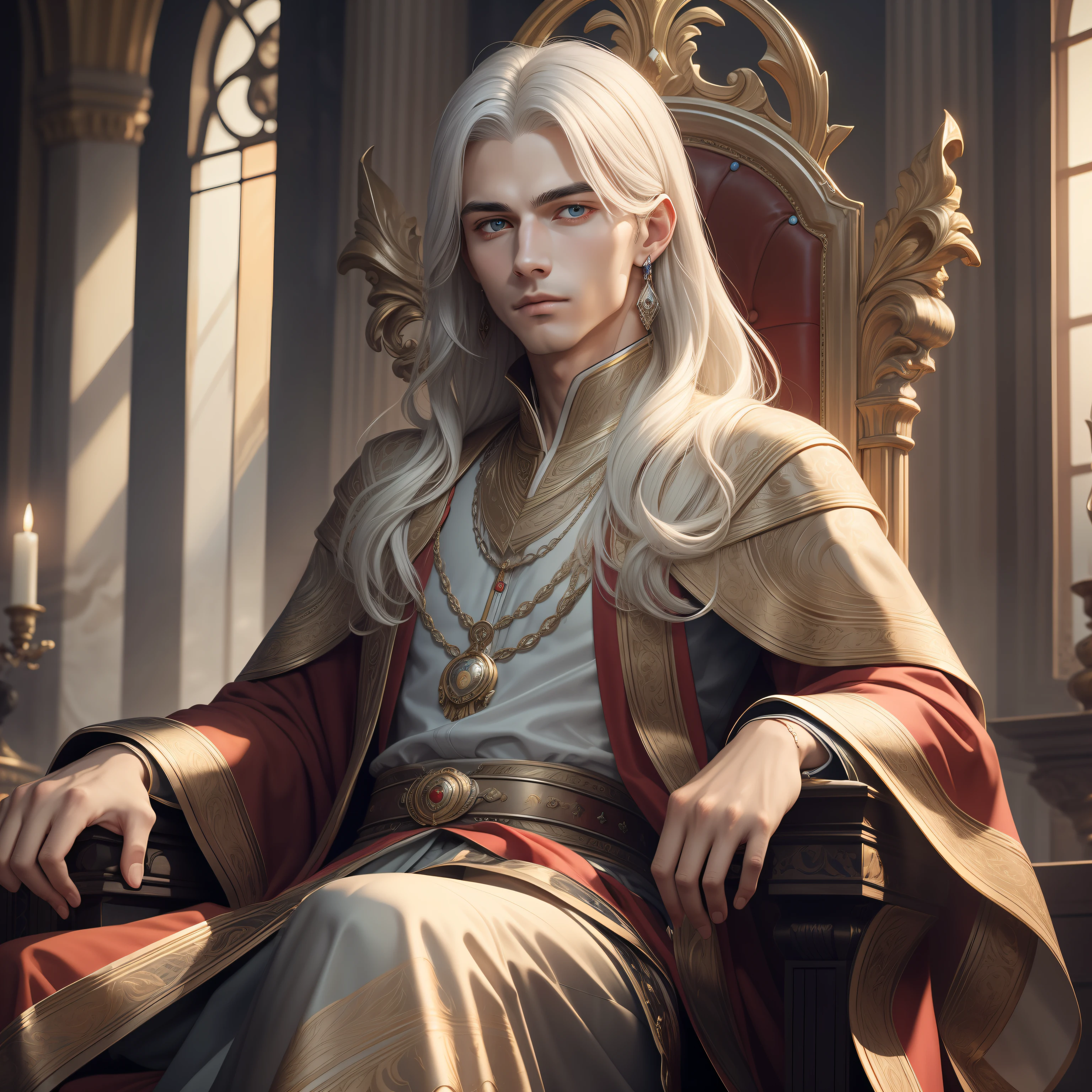 (Masterpiece) 8K resolution, beautiful young man sitting on a throne, emperor, silver hair shining like silk, crimson eyes, neat face, well-formed appearance, earrings with fine work, model style, fantasy style,