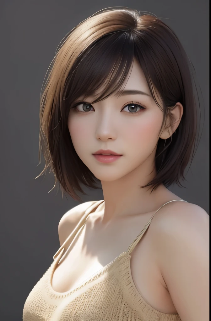 (Representative works:1.3)、(8k、realistic、RAW photo、best image quality:1.4)、(30 year old mature woman)、small face、beautiful face、(realistic face)、no makeup、natural makeup、light makeup、 (Dark brown、short hair:1.3)、beautiful hairstyle、realistic eyes、detailed and beautiful eyes、 (realisticな肌)、beautiful skin、 (sweater),,bust B cup、 confused、 charm, 超High resolution, surreal, High resolution, Golden Ratio FF Tifa、gray background、