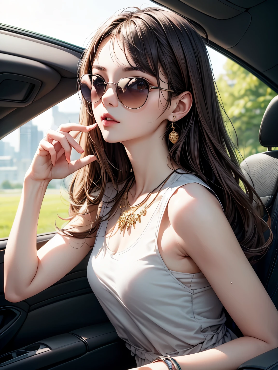 ((Biologically correct number of limbs))、((natural finger shape))、(( Photo including face))、4K、masterpiece、((focus on the face))、((Symmetrical facial features))、Eyes of minute description、Beautiful woman、outstanding style、beautiful clavicle、beautiful legs、slender body、(small ass、thin thighs)、(stockings、high heels)、Detailed depiction of faces、small earrings、necklace、Low - Angle、(Upper body shirt、Lower body pattern skirt)、wearing light-colored sunglasses、I am driving a car、close up of face、