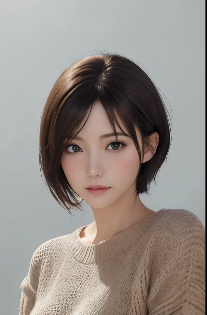 (Representative works:1.3)、(8k、realistic、RAW photo、best image quality:1.4)、(30 year old mature woman)、small face、beautiful face、(realistic face)、no makeup、natural makeup、light makeup、 (Dark brown、short hair:1.3)、beautiful hairstyle、realistic eyes、detailed and beautiful eyes、 (realisticな肌)、beautiful skin、 (sweater),,bust B cup、 confused、 charm, 超High resolution, surreal, High resolution, Golden Ratio FF Tifa、gray background、