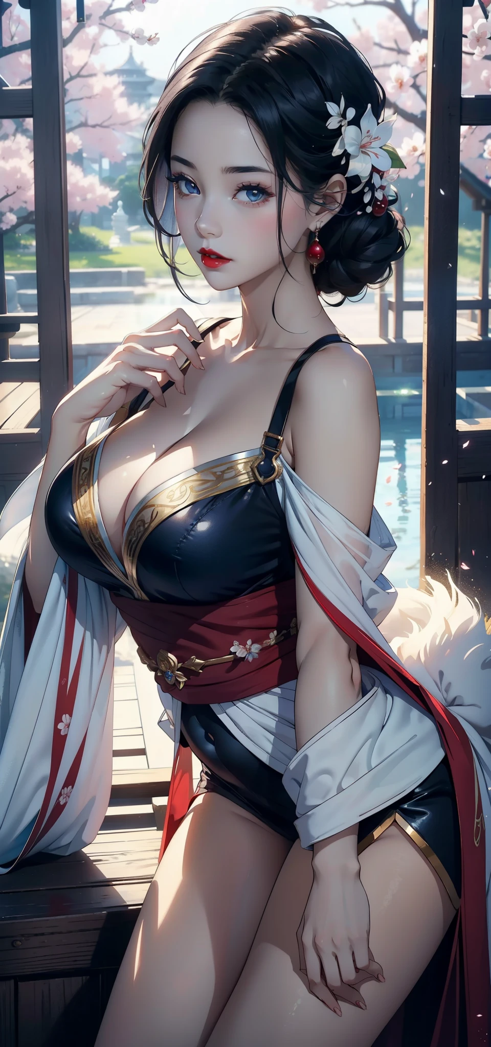1 female,35 years old,Slim,very big ,Big breasts and thin waist,long legs, solo,(background with:,cherry blossom forest,pond)stand, She has short black hair,View from the front, Twisted braid cloudy sky,(((masterpiece),(Very detailed CG Unity 8k wallpaper),best quality,light,detailed background,Beautiful and delicate eyes,bright pupils,black eyes,snow white skin,red lips(Very delicate and beautiful),(Beautiful and detailed eye descriptions),Super detailed,masterpiece,))face camera,high resolution,Super detailed),Xia,穿上未来派钢铁Xia机甲,blue and red color scheme,