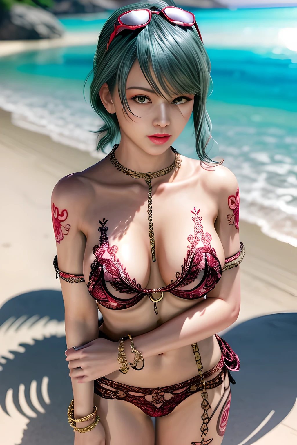 1 girl,Wear luxurious underwear,(Lace lingerie),(Body chain:1.5), sunglasses,on the beach,outdoor,elegant,( huge breasts),split,skin shiny, red lips,( tattoo:1.3), masterpiece, best quality, actual , 8k,Portrait Art,alone, ring