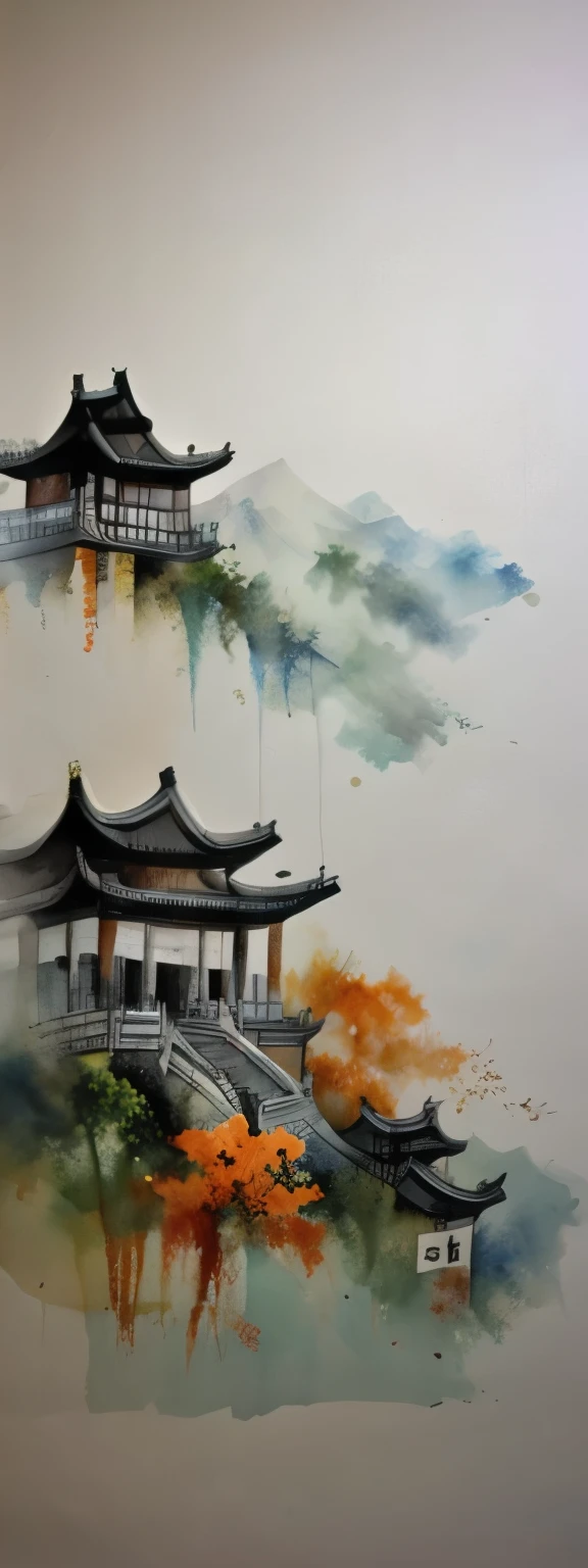 blurred picture style, wet-in-wet, watercolor painting, ink painting, best quality, landscape painting of the Great Wall of China, with light and light shading in the Wu Guanzhong style ink painting, where primary colors are dropped and blurred