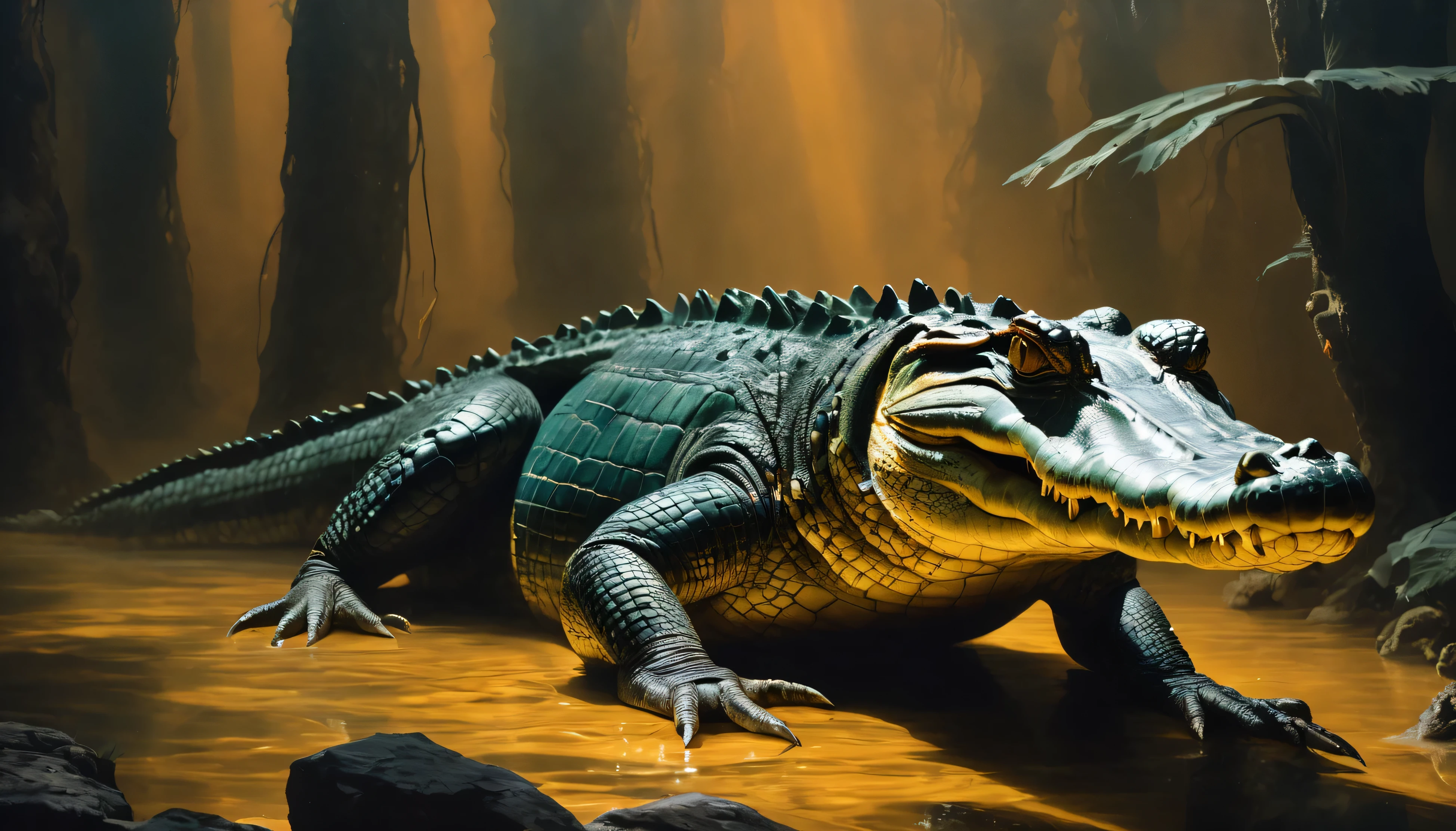 crocodile in the style of hyperrealistic murals, moody and evocative color palettes, dark teal and amber, odd juxtapositions, chiaroscuro portraitures, realistic portraitures, dark beige and orange --ar 9:16 --v 5.1 --s 950