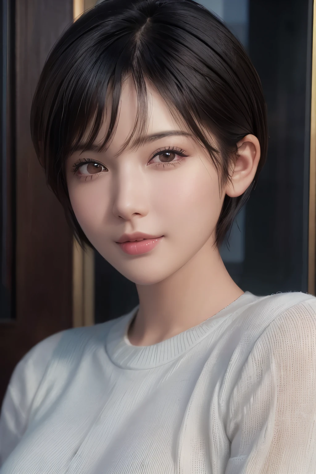 (masterpiece:1.3), (8k, realistic, RAW photo, highest quality: 1.4), (1 girl), beautiful face, (realistic face), (black hair, short hair:1.3), beautiful hairstyle, realistic eyes, detailed and beautiful eyes, (realistic skin), beautiful skin, (sweater), disorganized, Charm, ultra high resolution, surreal, very detailed, golden ratio asian beauty pixie cut smile