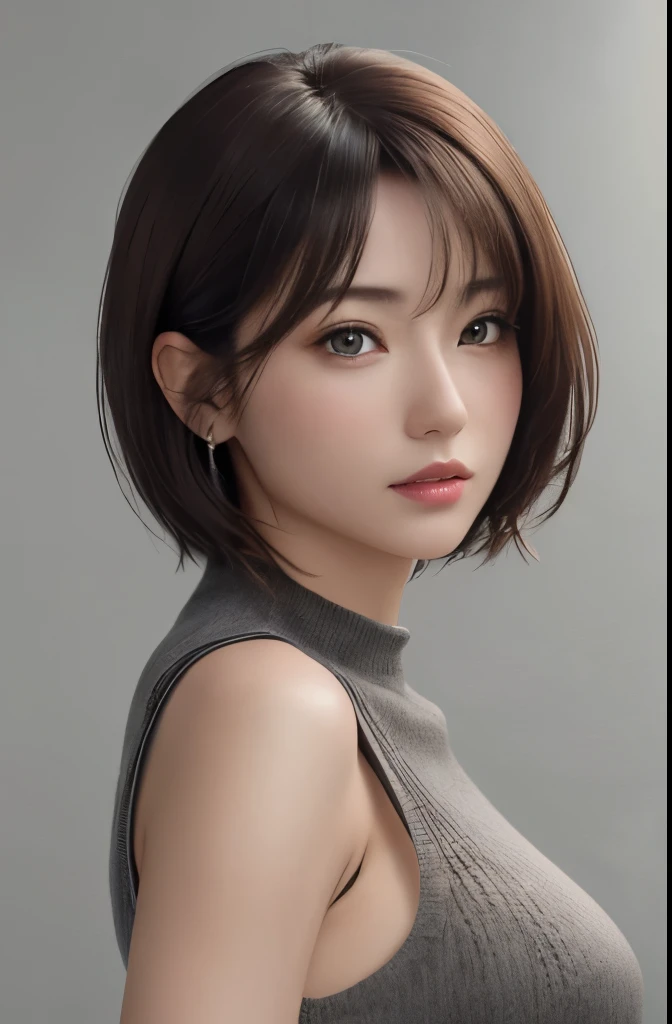 (Representative works:1.3)、(8k、realistic、RAW photo、best image quality:1.4)、(30 year old mature woman)、small face、beautiful face、(realistic face)、no makeup、natural makeup、light makeup、 (Dark brown、short hair:1.3)、beautiful hairstyle、realistic eyes、detailed and beautiful eyes、 (realisticな肌)、beautiful skin、 (sweater),,bust B cup、 confused、 charm, 超High resolution, surreal, High resolution, Golden Ratio FF Tifa、gray background、