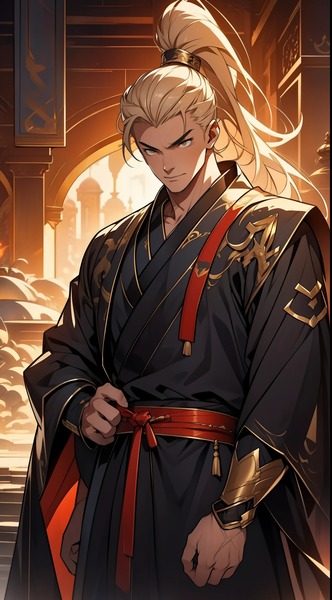 one person（male warrior），proportions are correct，facial details，swordsman，high ponytail hairstyle，neck detail，Have an Adam&#39;s apple，Black and gold robe，joke，Black and gold robe，clothing details，Hand over，long sleeves，Game quality，fencing，Ray tracing，Ray tracing，Detailed glow，CG rendering，hair details，Long black and blond hair，Black-gold eyes，Handsome，Handsome，（Youthful feeling），Costumes are complicated，Perfect composition，refine，high quality，higher details，many details，Complex background，a sense of atmosphere，