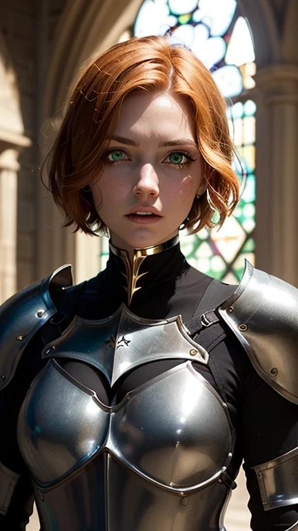 ((best quality: 1.5)) ((masterpiece: 0.8)), intricate details, sharp focus, professional, photorealistic, real life, realistic representation of the face, ((((solo, 1girl) muscular assassin, golden hour, (albino skin, intense expression, god rays, [flat chest:medium breasts:0.8])))) dynamic action pose, homely face, in the style of realistic and hyper detailed renderings, medieval church, stained glass, solo, BREAK; BREAK (((short ginger bob hair, (blackout gothic eyeshadow, makeup), clear green eyes))), (blemish: 0.7), ((fujicolor)), BREAK; BREAK ((((medieval paladin, (lacquered black gold chrome armor:1.9 (weapon, modest, knight, iron circlet, silver etching)))), photorealistic, hyper-realistic))