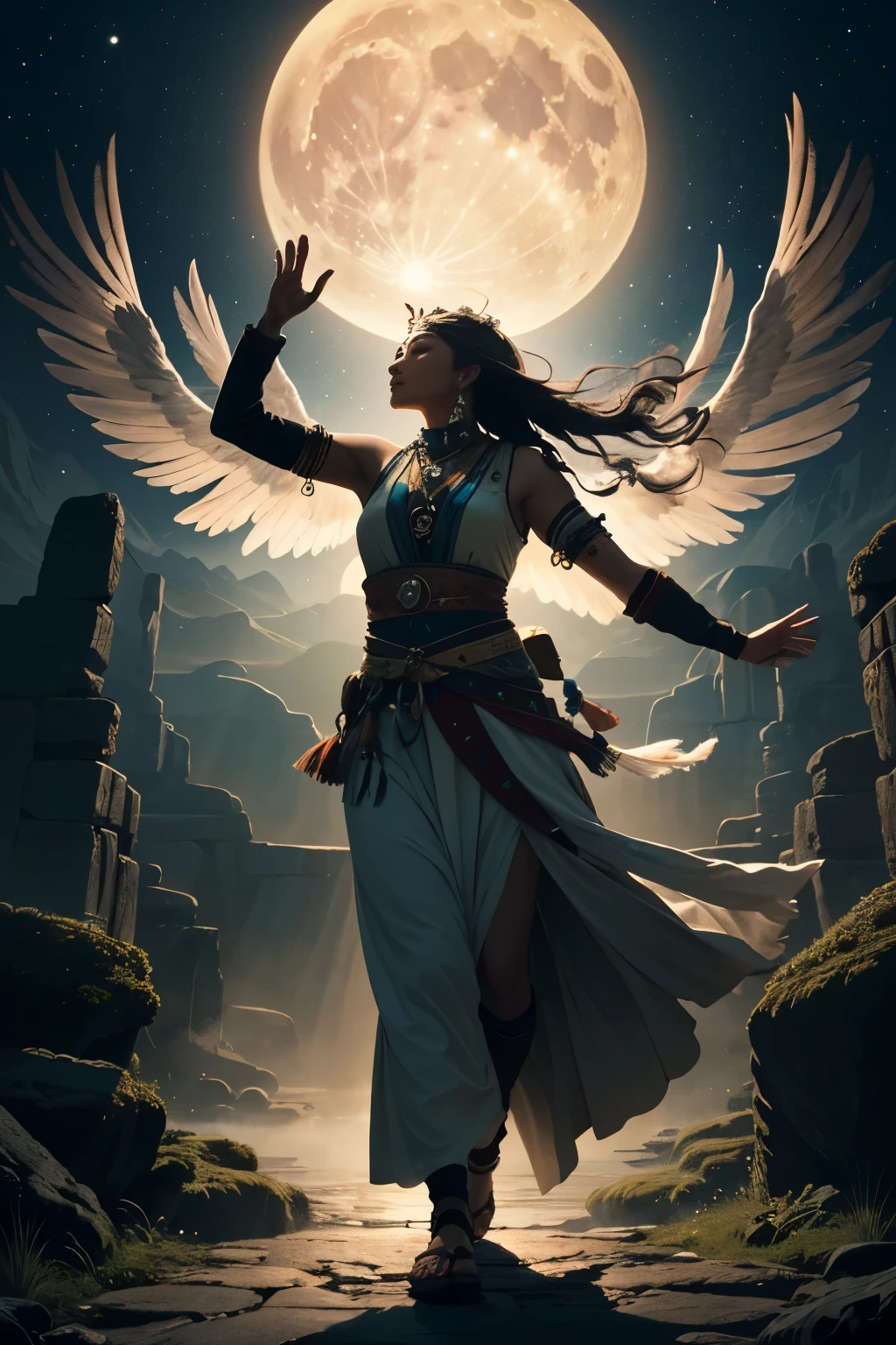 In the heart of a wild landscape, a beautiful shaman woman reaches for the sky. Ancient runes illuminate around her, with spirits of nature dancing at her feet. Her eyes are closed in deep concentration, embodying a bridge between the earthly and the divine. From her, a mystical energy emanates, connecting the realms. Behind her, a massive moon hangs low, casting its light upon her and the surrounding spirits. This illustration captures the moment the shaman uses the forces of nature and ancient wisdom to connect with higher beings. insanely detailed, (((masterpiece))), top quality, 8K, ultra high resolution, high contrast, low saturation, by BoochaN