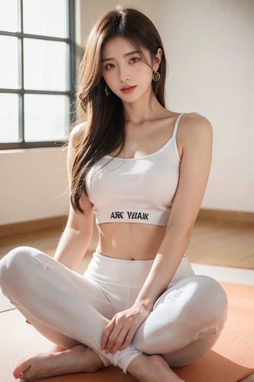 1 girl, national foundation, (White background), ((8k, raw, masterpiece: 1.4)), (Professional photography, sharp:1.2), Perfect dynamic composition, (natural sunlight), (soft shadow), (Perfect body:1.4, Slim abs:1.2), ((Japanese hairstyle:1.4,)), medium long hair, Ultra-detailed faces and skin, perfect asian, White skin, (delicate skin:1.3),(latex leather:0.4), (Perfectly radiant skin:0.6), Shiraki Yuki, blonde hair, light brown eyes, beautiful eyes, The skin is really hydrated, exquisite expression, Smile gently at the camera, elegant earrings, wear(yoga pants)，((whole body))，((long legs)),in the gym，((Real person practicing yoga)) 