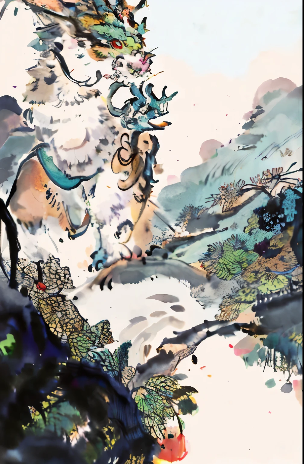 ((masterpiece, highest quality, Highest image quality, High resolution, photorealistic, Raw photo, 8K)), Wu Guanzhong styl, chinese dragon flight Over village, beautiful landscape, thighs visible, 
