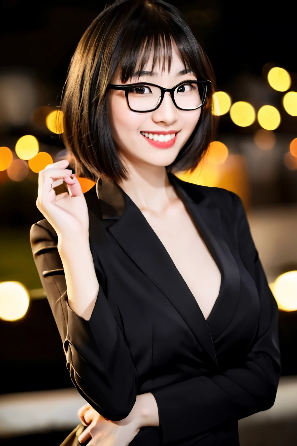 Larissa, slender asian girl, Glasses, Happy, Attend a party, blurred background, Bokeh, masterpiece, (highest quality:1.2), [:intricate details:0.2],black hair、refreshing smile、smiling showing teeth