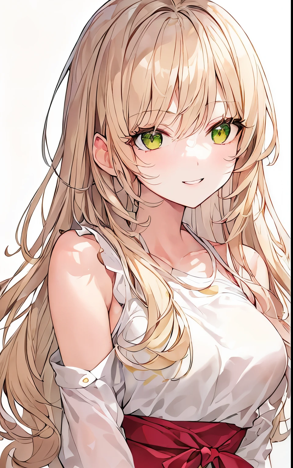 Masterpiece, highest quality, high quality illustration, high resolution, 1 woman, white background, watercolor, very cute, detailed beautiful face, glossy skin, white skin, (upper body: 2.0), shining smile, blonde, long hair, curly hair , two-tone eyes (yellow-green eyes: 1.6), long eyelashes, flashy makeup, GAL, actress, pink lips, thick lips, fleeting, bright picture、bright smile、Kogal、（Marin Kitagawa：1.5）、（pink puff sleeve shirt：2.0）