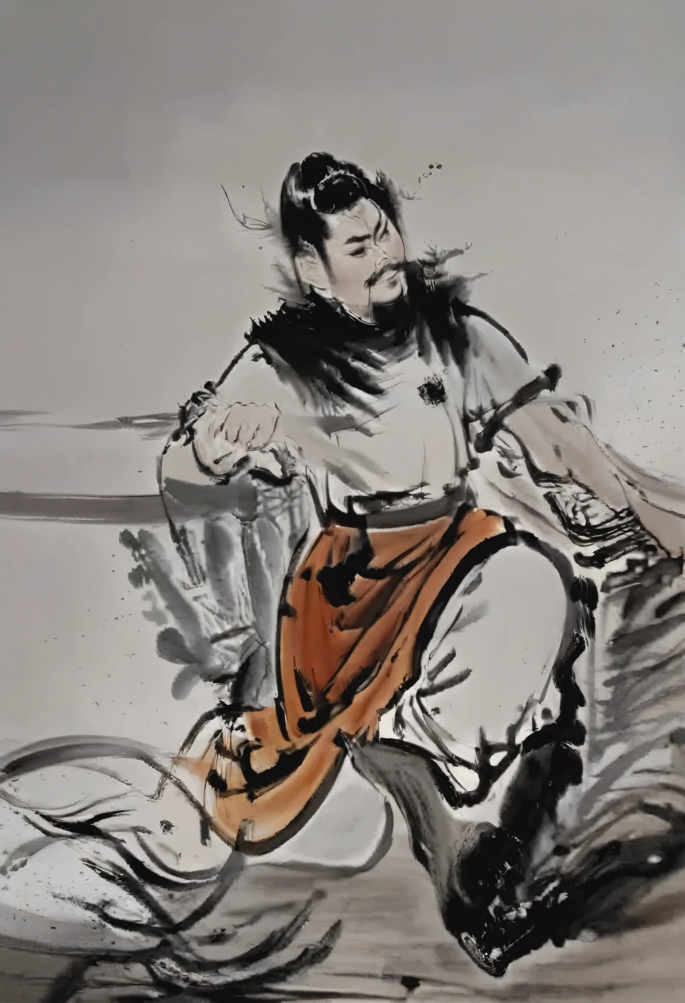 ((masterpiece, highest quality, Highest image quality, High resolution, photorealistic, Raw photo, 8K)), Wu Guanzhong styl, chinese ancient warrior, beautiful portrait, dynamic pose, ancient weapon inbhand, detailed face and mimic, thighs visible, Wu Guanzhong style