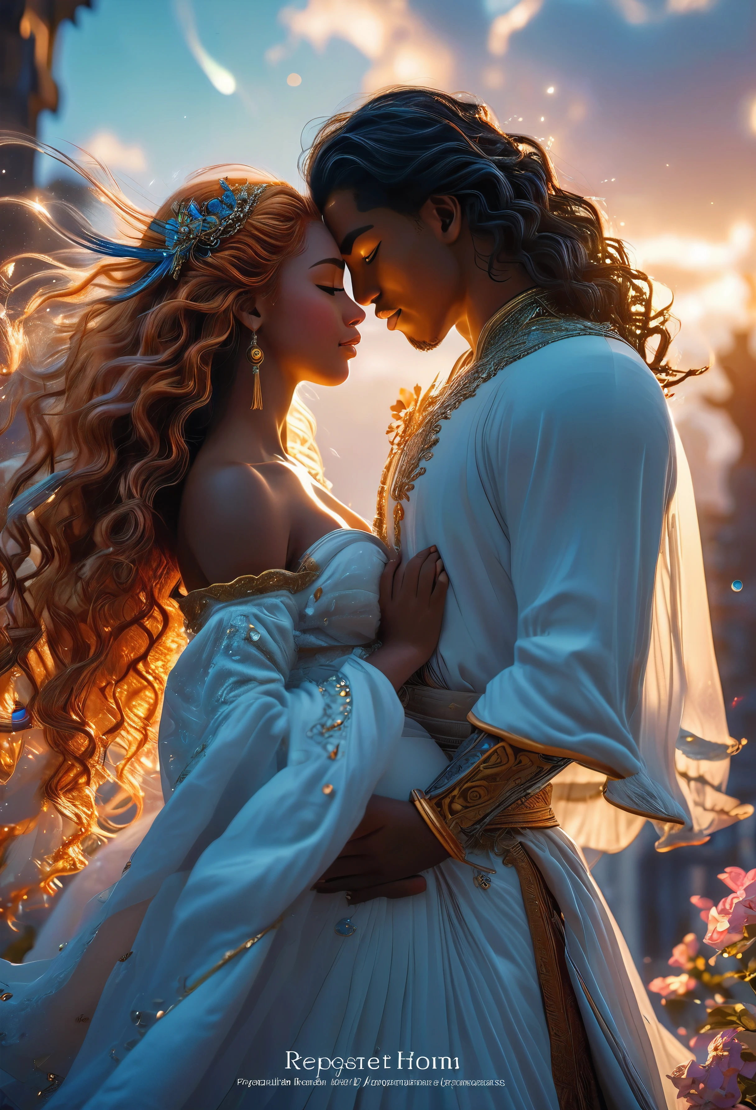 Passionate couple in a celestial landscape, coronation and weeding, young dark-skinned couple in their 20s, in a palace, a man and a woman, (((he is a divine prince with long curly white hair))) and (((she is ginger long curly hair brown skin princesse))), Full body, 8K, extremely detailed, high quality, (photorealistic:1.37), Full body, ideal proportions and defined complexion, meticulously crafted features, unreachable beauty, perfection, breathtaking elegance, g curves, goddess-like figures, divine symmetry, artistic masterpieces, vivid realism, hyper-detailed sculptures, life-like forms, truly awe-inspiring, impeccable craftsmanship, pure radiance, ethereal beauty, delicate contours, striking poses, sublime beauty, subtle nuances, dynamic compositions, vibrant colors, perfect lighting, soulful expressions, celestial aura, majestic presence, dreamlike atmosphere, unmatched gdetailed octane render trending on artstation, 8 k artistic photography, photorealistic concept art, soft natural volumetric cinematic perfect light, chiaroscuro, award - winning photograph, masterpiece, perfect composition, beautiful detailed intricate insanely
