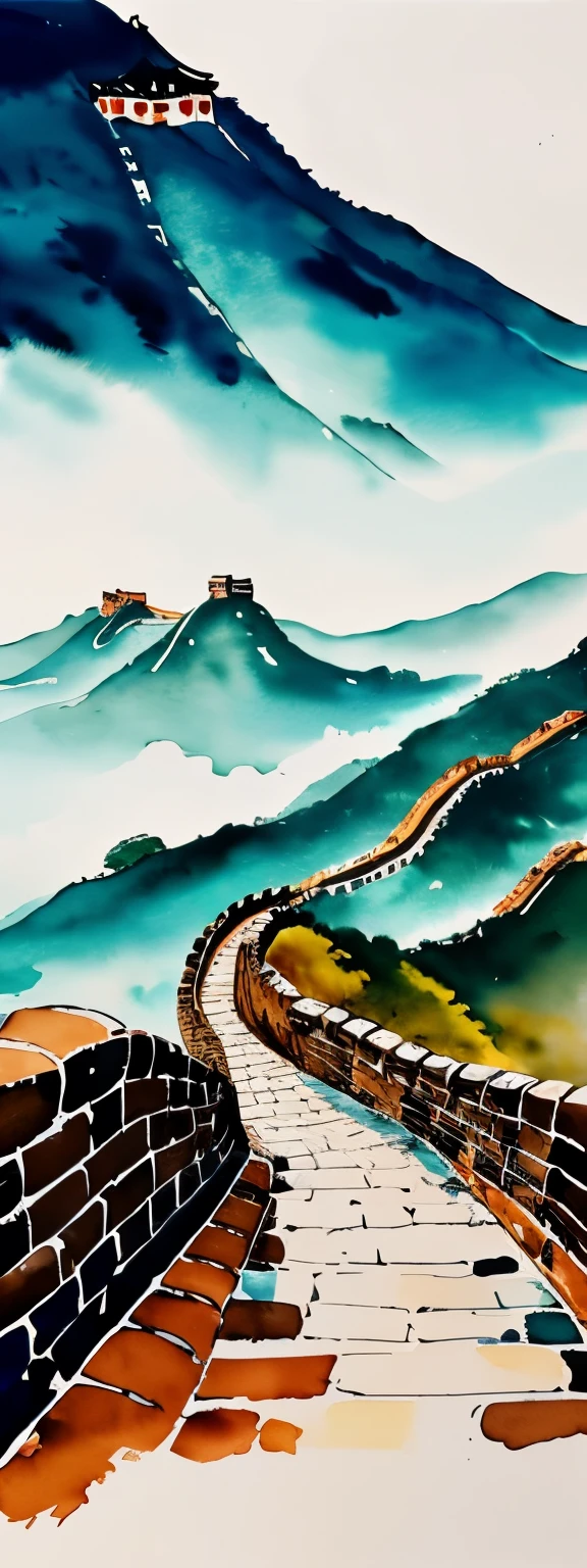 blurred picture style, wet-in-wet, watercolor painting, ink painting, best quality, landscape painting of the Great Wall of China, with light and light shading in the Wu Guanzhong style ink painting, where primary colors are dropped and blurred