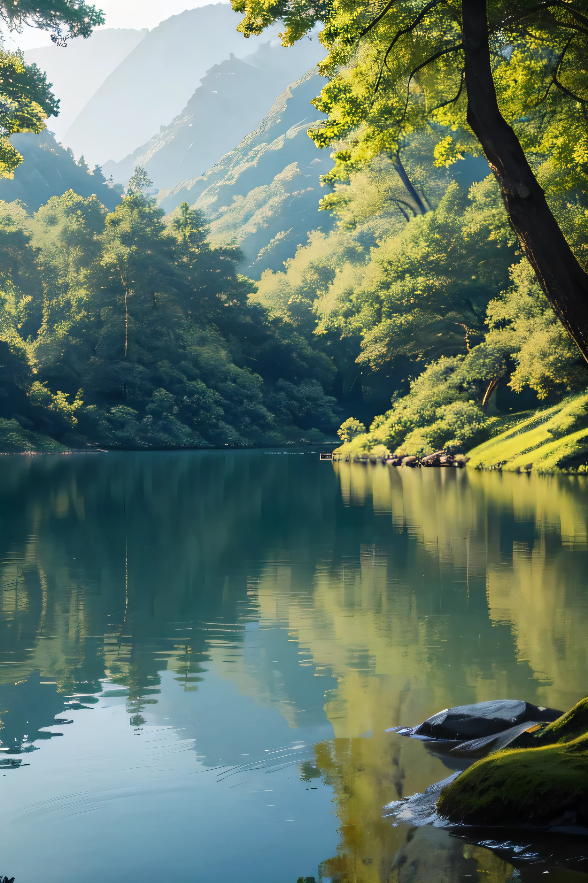 extremely detailed balance of zen philosophy and mood for a pale green morning and a still serene lake, photographic quality, by Rorianai style