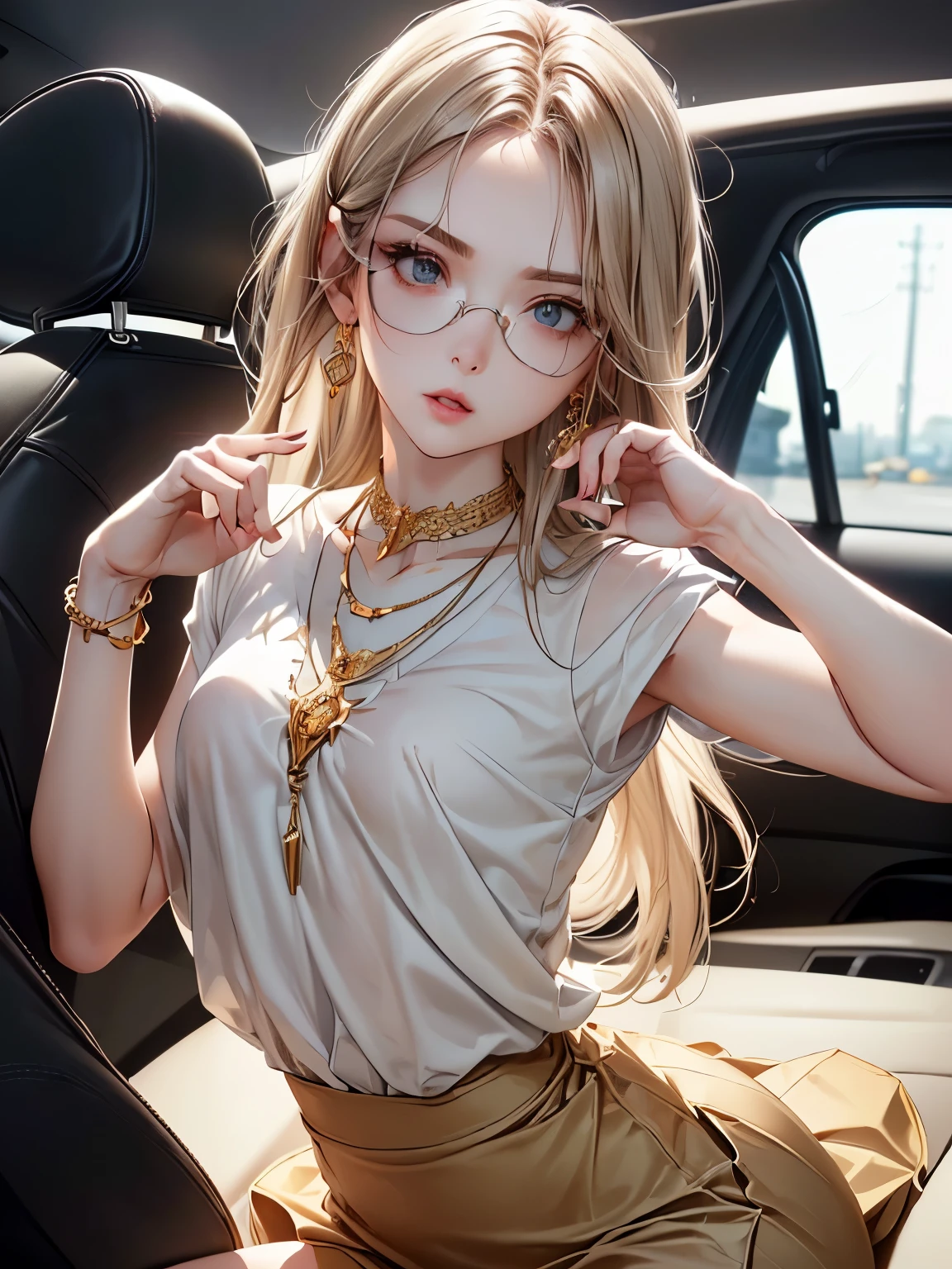 ((Biologically correct number of limbs))、((natural finger shape))、(( Photo including face))、4K、masterpiece、((focus on the face))、((Symmetrical facial features))、Eyes of minute description、Beautiful woman、outstanding style、beautiful clavicle、beautiful legs、slender body、(small ass、thin thighs)、(stockings、high heels)、Detailed depiction of faces、small earrings、necklace、Low - Angle、(Upper body shirt、Lower body pattern skirt)、wearing light-colored sunglasses、I am driving a car、close up of face、