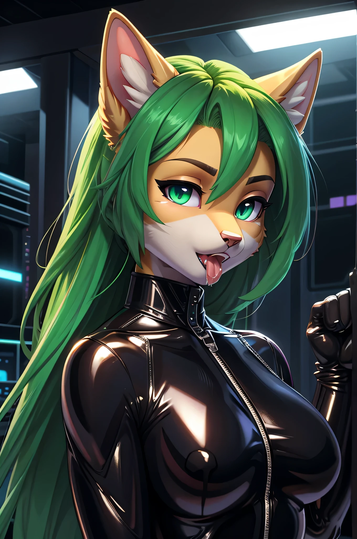 beautiful, (masterpiece), 最high quality, (extremely get used to it face), extremely get used to it eyes, perfect lighting, overall details, get used to it, deep skin, slicked back hair, long hair, green hair, type of eyes, slicked back hair, elbow bag, alone, looking at the viewer, one hand, verbal invitation, lifting shirt, saliva, saliva trail, latex suit, spy lady, wearing tight latex suits, high quality, Super high quality, Highly detailed CG Unity 8k wallpaper, High resolution, close up face, bondage suit, shiny bondage, cool girl, dog girl, cat girl