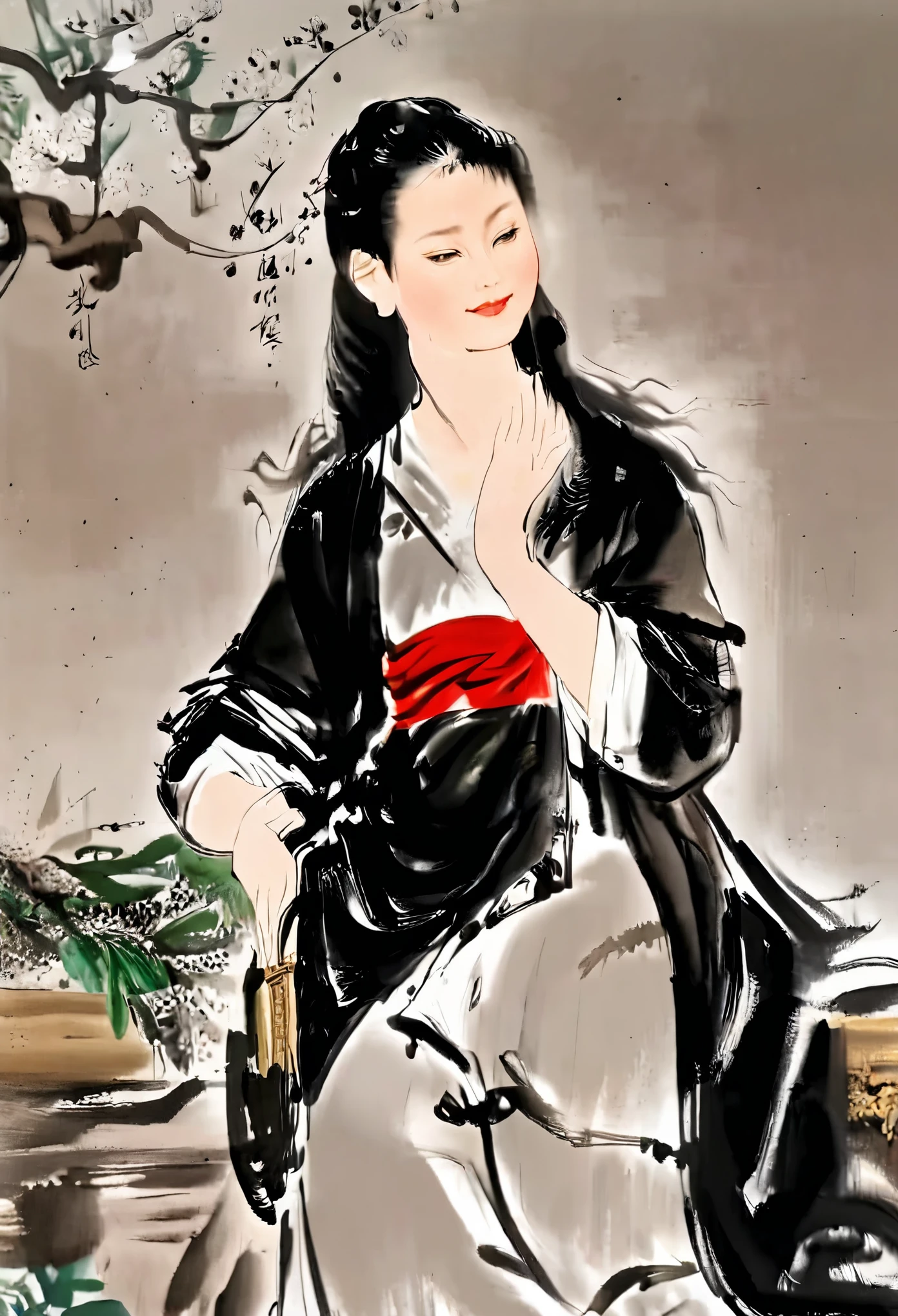((masterpiece, highest quality, Highest image quality, High resolution, photorealistic, Raw photo, 8K)), Wu Guanzhong styl, Mona Lisa portrait but in Wy Guanzhong style, beautiful portrait, detailed face, thighs visible, Wu Guanzhong style