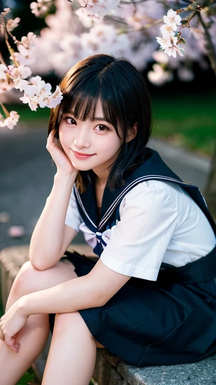 (highest quality,masterpiece:1.3,ultra high resolution),(Super detailed,caustics,8k),(photorealistic:1.4,RAW shooting),1 girl,sitting,(smile),stare at the camera,20-year-old,cute,Japanese,black hair short cut,(sailor suit),glamorous,(big ),darkness,night sky,Illuminated night cherry blossoms,professional writing,(shot from the waist up),(Tilt composition:1.1),(low position:1.2),(Low - Angle:1.2)