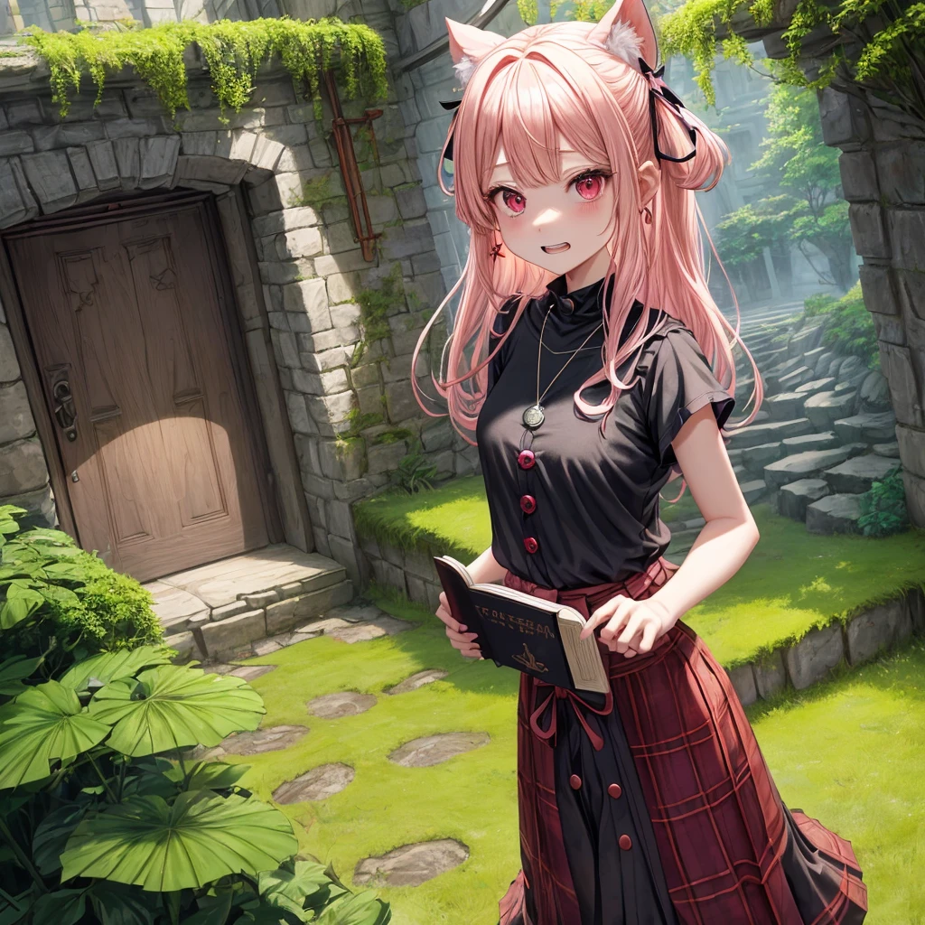pink blonde、red eyes、one good looking girl、solo、anime、plaid mini skirt、the skirt has buttons、black camisole、black t-shirt、dress、wearing a ribbon、ribbon at waist、cloak、hood、stone slabs are piled up、crystal earrings、monster castle、jewelry necklace、Light and shadow、walking、tunnel、clock、Stuck in the wall、universe、fern plants、petal、tilting one's face、teeth are visible、Red carpet、door of the future、spiral stage、fire spirit、moss is growing、book of magic