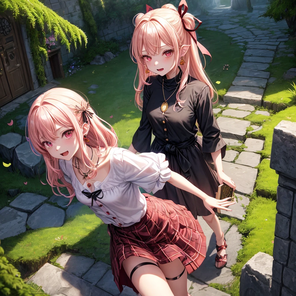 Pink Blonde、Red eyes、Wavy Hair、Hair tied up、Two cute、Checked mini skirt、China、Knee-high socks、Teeth are visible、Monster Castle、Tilting face、grass、There's a stake stuck in the ground、In front of the city gates、Underground tunnels、Iron suspension bridge、The stone is cracked、Giant wood、There is a step on the ground、Piglet、it's raining
