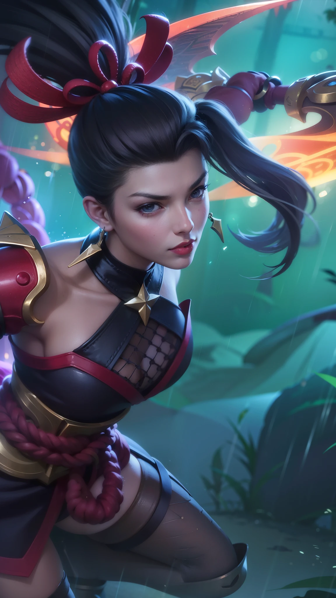 (female:1.2), 8k, ultra hd, ultra detailed texture, hyper realistic, masterpiece, detailed texture, detailed face, detailed skin, detailed lighting, (photorealistic:1.5), best quality, beautiful lighting, cinematic lighting, professional lighting, ultra highres, realistic, detailed hair, real hair, high quality, (realskin:1.5), extremely detailed, finely detail, ultra-detailed, 1girl, solo, elf, pointy ears, standing, demon horns, forehead protector, v-shapped eyebrow, lips, red lips, evil smile, nose, make up, pretty, beautiful, cute face, long hair, black hair, high ponytail, large breasts, cleavage, armpit, navel, stomach, black armor, pauldrons, bare shoulders, shoulder armor, thigh high, sleevless, detached sleeves, breastplate, gauntlets, karina \(mobile legends\), depth of field, looking aways, white skin, skin tight, amazing pose, outdoors, glowing, dark view, detail eyes.
