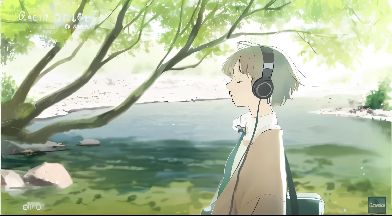 A girl wearing headphones and listening to music relaxing by a river flowing slowly in the forest