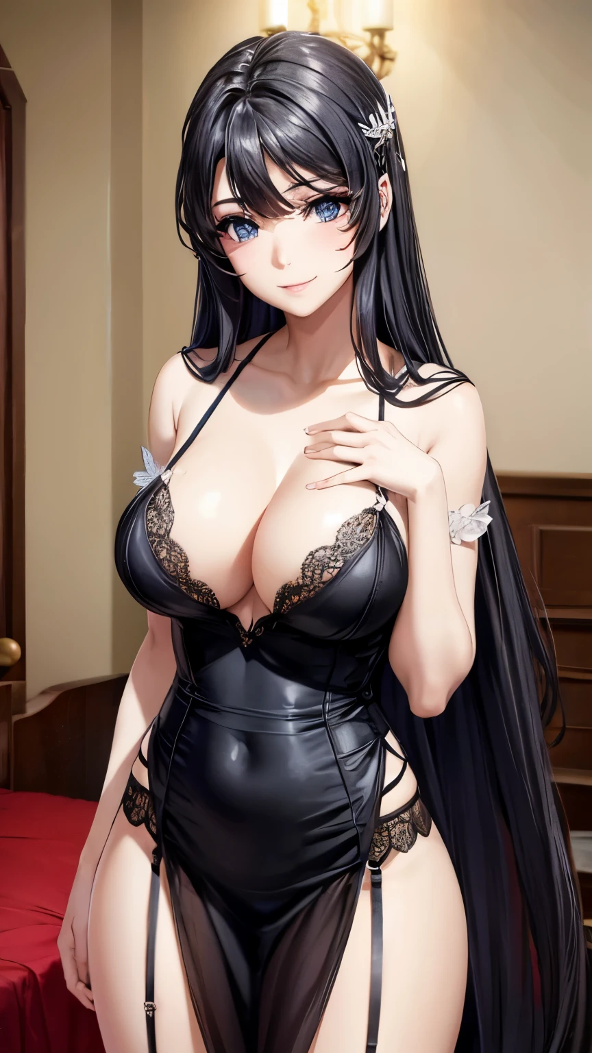 I girl long hair, black long hair, wearing a white night gown, garter belt, seductive smile, sexy pose, bedroom, large breast, glowing skin, (masterpiece), (perfectly detailed face), (well detailed hand) photorealistic image.