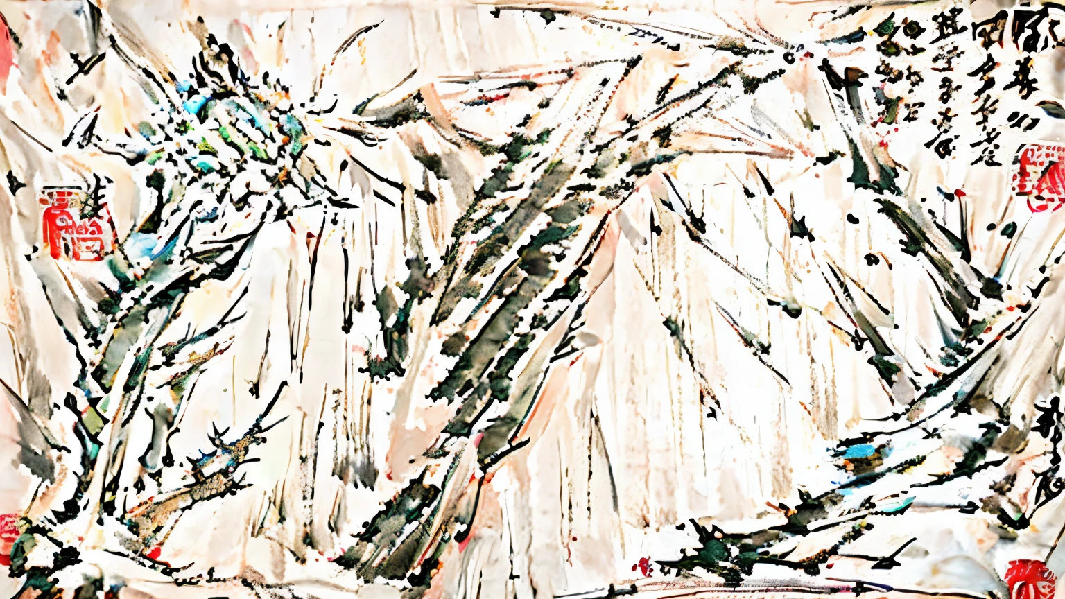 ((masterpiece, highest quality, Highest image quality, High resolution, photorealistic, Raw photo, 8K)), Wu Guanzhong style,big chinese dragon above ancient vilage, beautiful landscape, ancient vilage, mountains, river, trees , thighs visible, Wu Guanzhong style,