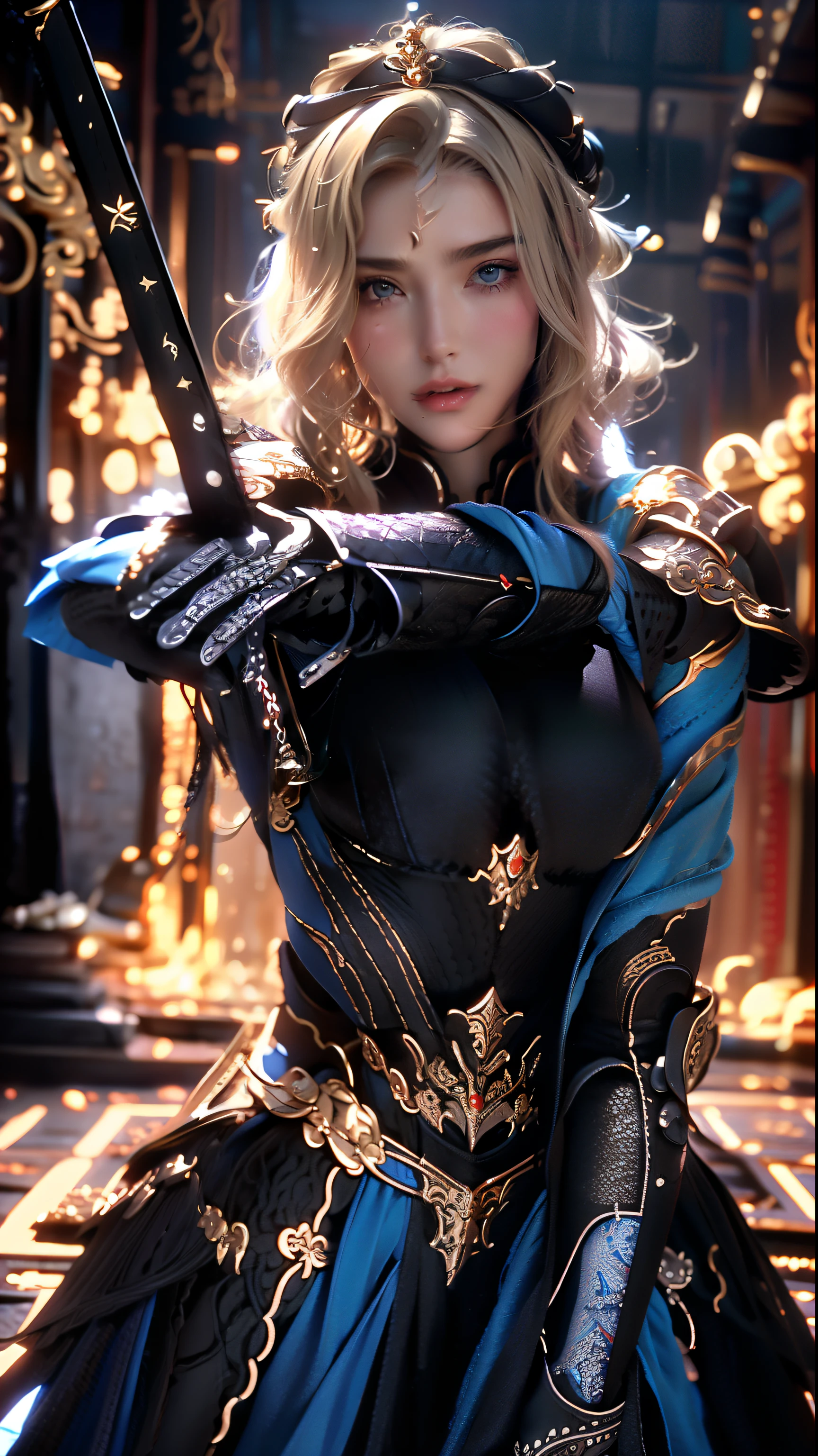 ((Best quality)), ((masterpiece)), (highly detailed:1.3),a woman wearing black armor, long hair. Holding a luxury sword, armor damaged war scene, super cute face, super slim body, super slim, small waist, super perfect huge breast, perfect huge round breast, smooth skin, silky hair, blue eye, 16 year old, red robe,blue  hijab with a princess crown , luxury golden pattern armor,  blonde, fighting style, red lips, blushing, erect nipples 