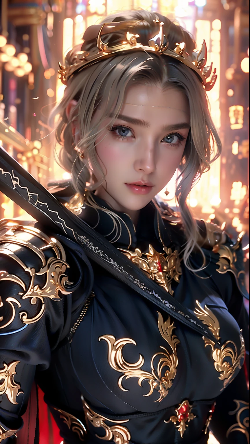 ((Best quality)), ((masterpiece)), (highly detailed:1.3),a woman wearing black armor, long hair. Holding a luxury sword, armor damaged war scene, super cute face, super slim body, super slim, small waist, super perfect huge breast, perfect huge round breast, smooth skin, silky hair, blue eye, 16 year old, red robe,blue hijab with a princess crown , luxury golden pattern armor, blonde, fighting style, red lips, blushing, erect nipples
