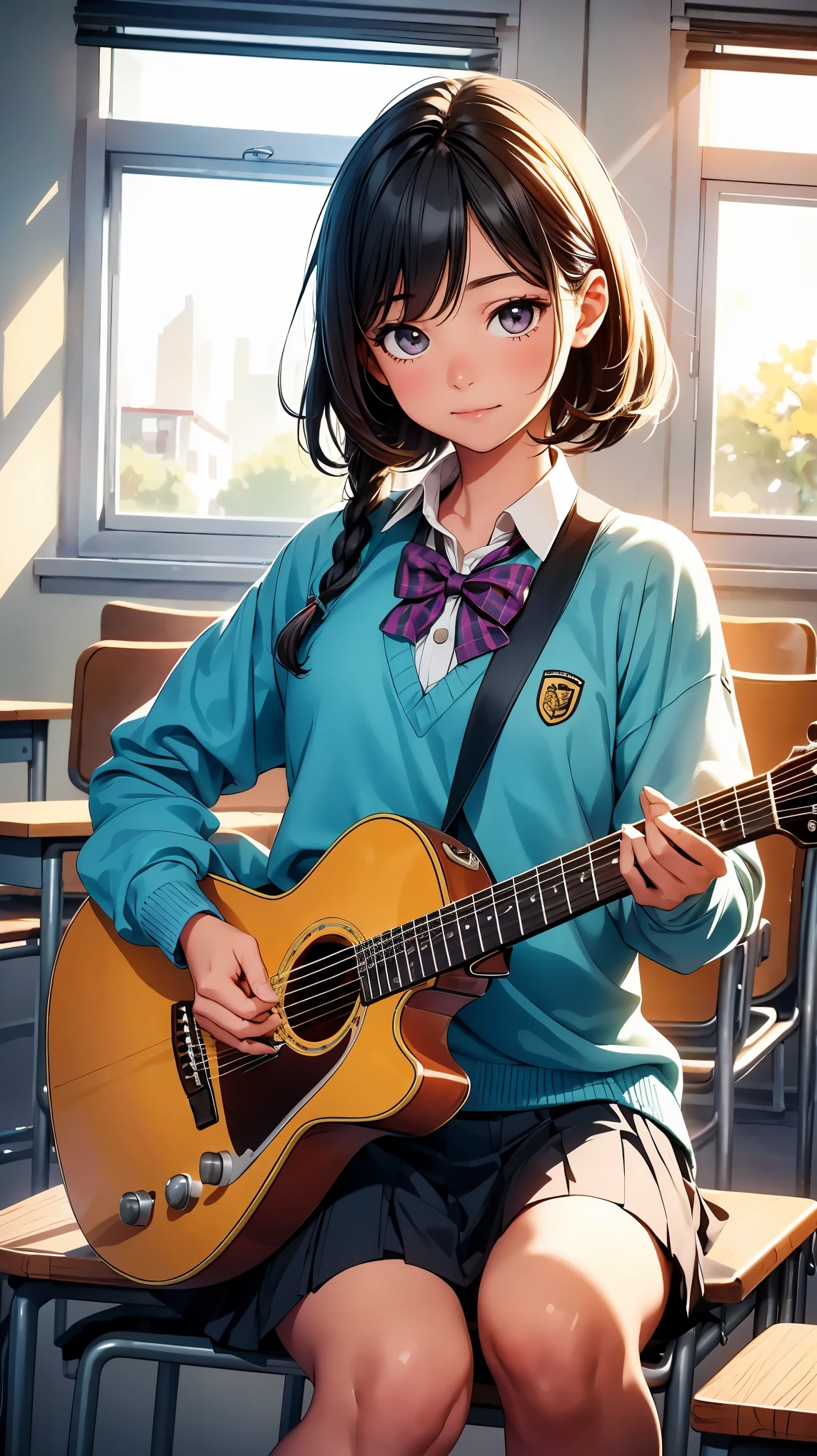 A girl sitting in a classroom, playing the guitar passionately, wearing a school uniform. The girl is surrounded by musical notes, indicating her dedication to practicing. The classroom is filled with the sound of her beautiful melodies. The girl's fingers are skillfully moving across the strings, creating a mesmerizing rhythm. The vibrant colors of the scene enhance the energetic atmosphere. The lighting in the classroom is warm and gentle, casting soft shadows on the walls. The girl's expressive eyes reflect her deep passion for music, while her graceful posture showcases her confidence and talent. The overall image quality is of the highest standard, with ultra-detailed rendering and realistic textures. The scene has a youthful and vibrant art style, emphasizing the girl's determination and artistic spirit. The color tones are bright and lively, adding an energetic vibe to the composition. The lighting creates a warm and inviting ambiance, enhancing the overall mood of the scene.