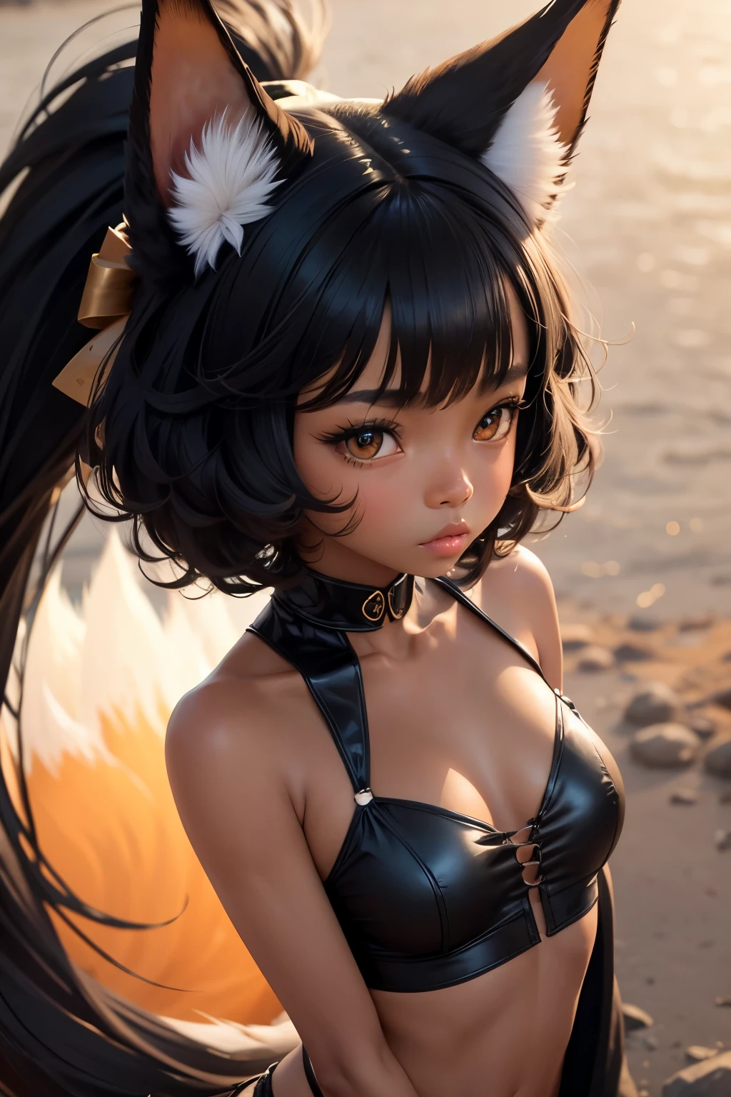 Cute girl, black skin, fox ears,