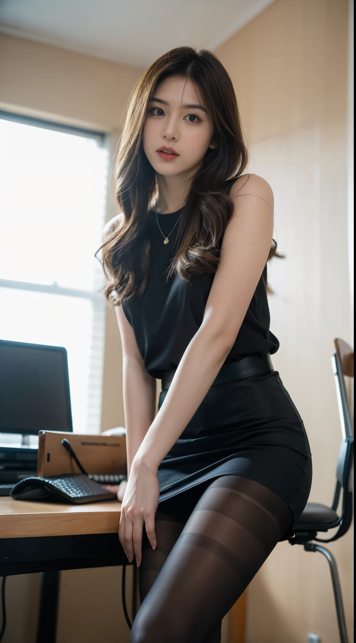 ulzzang-6500-v1.1, (RAW photo:1.2), (Photoreal), (genuine:1.4), (muste piece),(()), beautiful girl, model body, Big eyes, Cute droopy eyes, small breasts, long legs, (super realistic pantyhose:1.3), Glossy Satin Blouse, skirt and thighs, Strict teacher&#39;s outfit is sexy, shot from below, very white skin, long hair, wavy hair, teacher&#39;s chair, realistic, indirect lighting, volumetric light, ray tracing, super detailed, highest quality, ultra high resolution, nffsw, 8k, intense volumetric fog