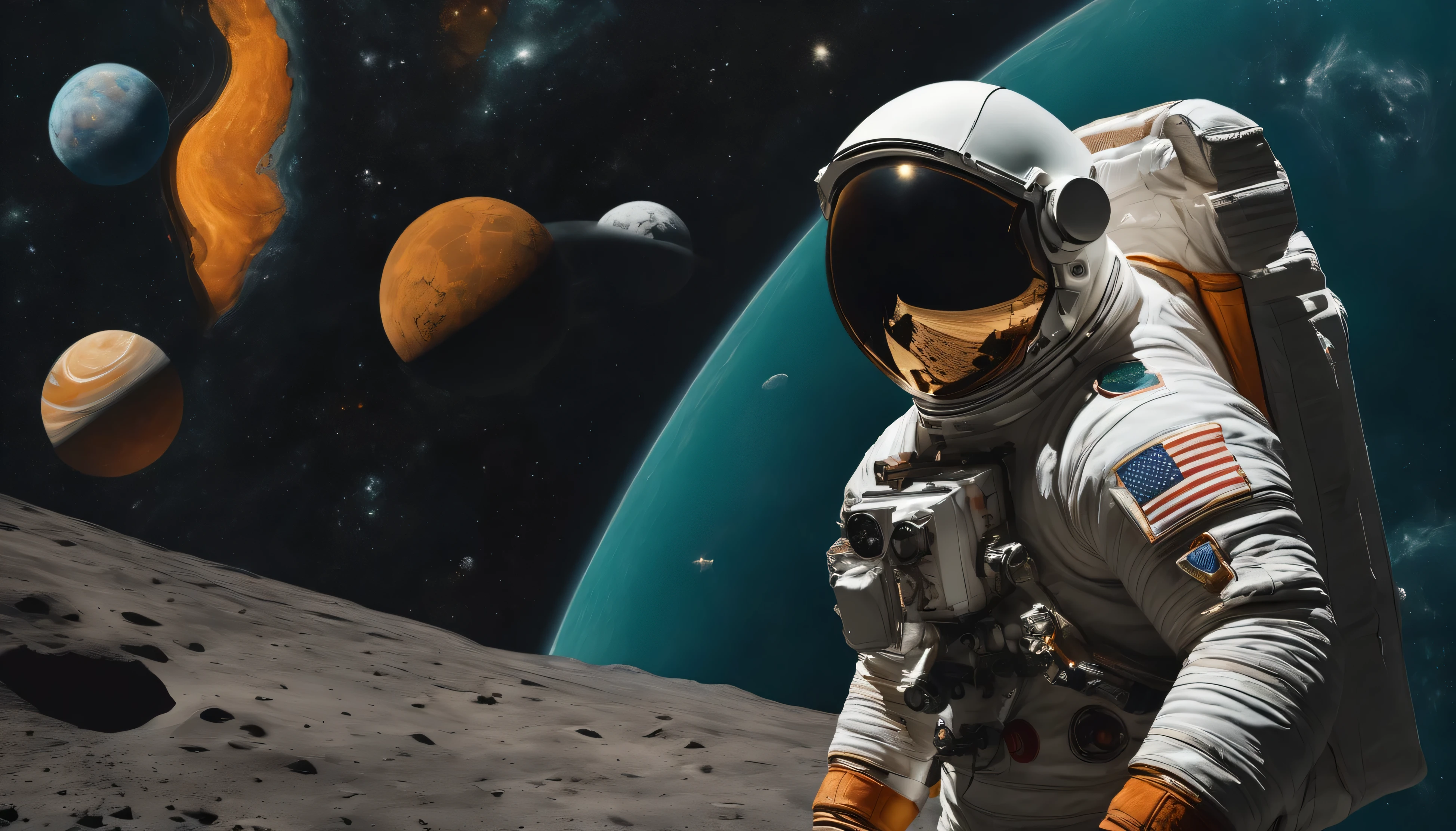 astronaut, in the style of hyperrealistic murals, moody and evocative color palettes, dark teal and amber, odd juxtapositions, chiaroscuro portraitures, realistic portraitures, dark beige and orange --ar 9:16 --v 5.1 --s 950