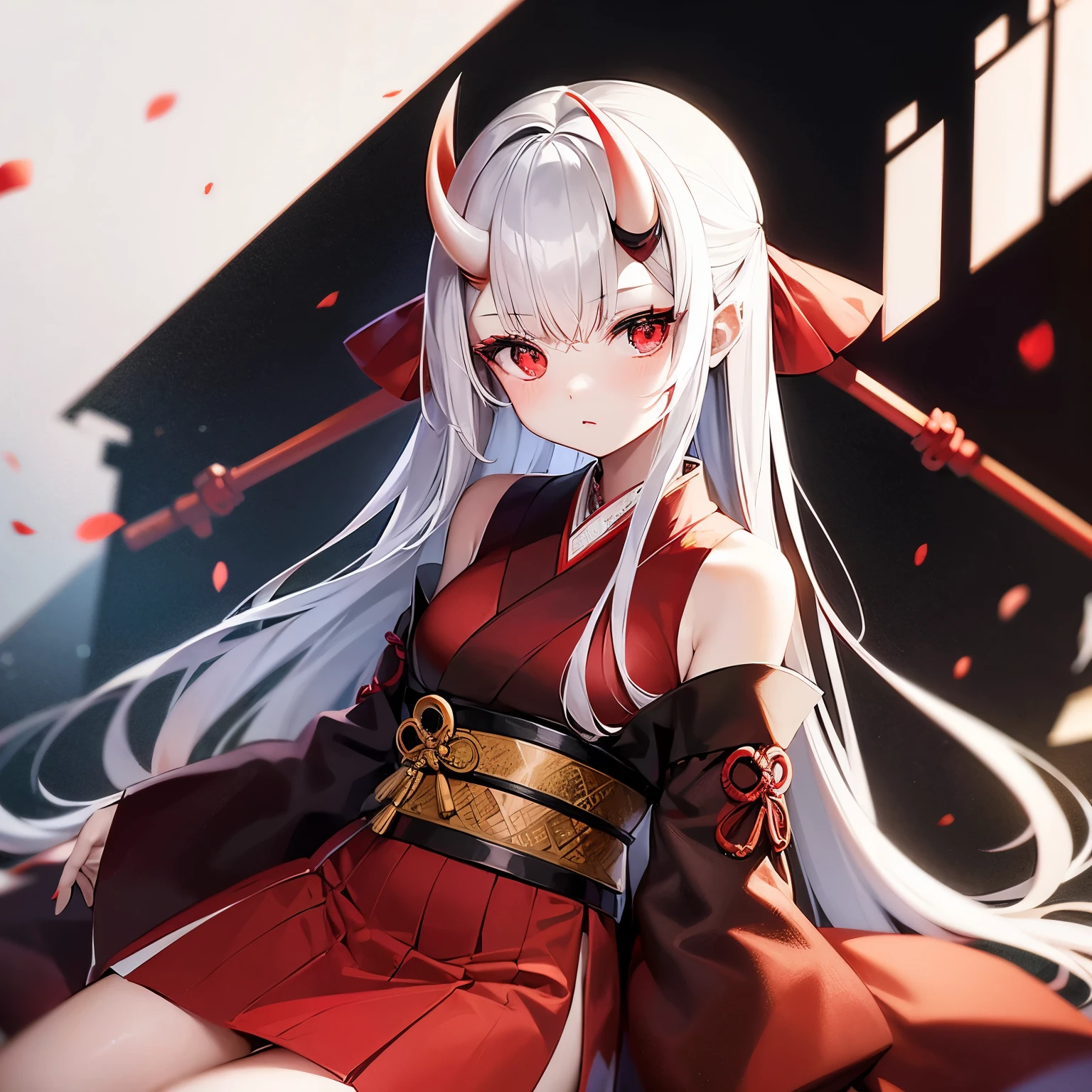 Japanese kimono red and black. Fair skin. 16 year old girl. Red eyes. White hair. Oni. Verticle horns. Shoulders showing.